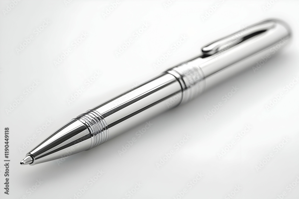 Sleek Silver Ballpoint Pen on White Background. A sophisticated writing instrument for business and personal use. High-quality close up image. Sleek Silver Ballpoint Pen on White Background. A sophisticated writing instrument for business and personal use. High-quality close up image.