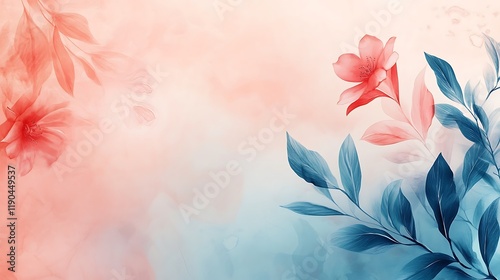Delicate Coral Flowers and Teal Leaves Abstract Art