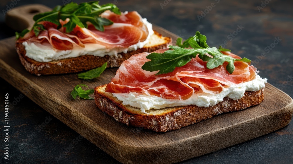 Two slices of bread topped with prosciutto and arugula arranged on a wooden serving board Two slices of bread topped with prosciutto and arugula arranged on a wooden serving board