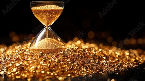 Close-up of an hourglass with golden sand flowing on a sleek black surface, symbolizing the passage of time and the importance of managing moments effectively. photo