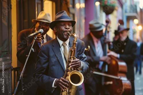 A traditional jazz band plays lively music on a New Orleans street, with a saxophone player in the foreground, Traditional jazz bands playing lively music on every corner photo