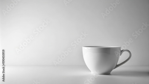 A single, empty white porcelain mug sits on a minimalist white surface against a plain white background