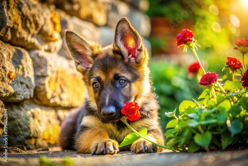 Architectural photography captures a charming GSD puppy's gentle flower-chewing moment. photo