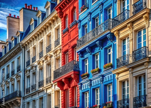 Architectural photography reveals Parisian buildings' vibrant French flag-inspired facades, a tricolore tapestry. photo