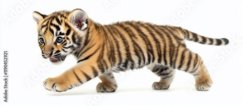 Adorable tiger cub walking on white background.