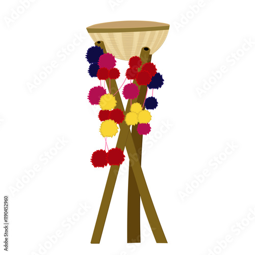 Wooden flower basket with colorful tassle hanging design for Indian haldi mehendi sangeet ceremony card decoration