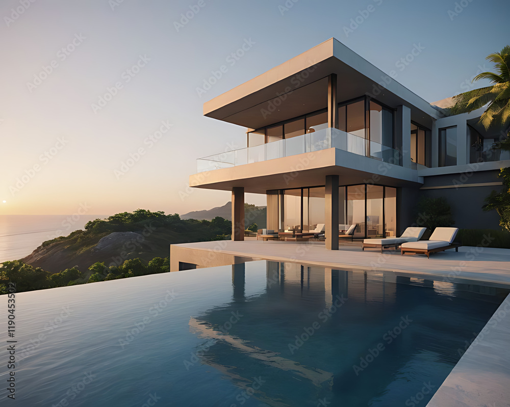 Fototapeta premium luxury hotel pool at sunset