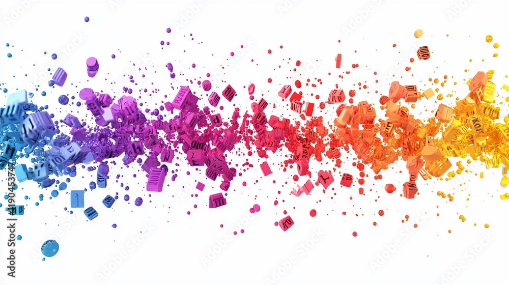 Fototapeta premium Colorful exploding cubes forming a vibrant wave on white background.