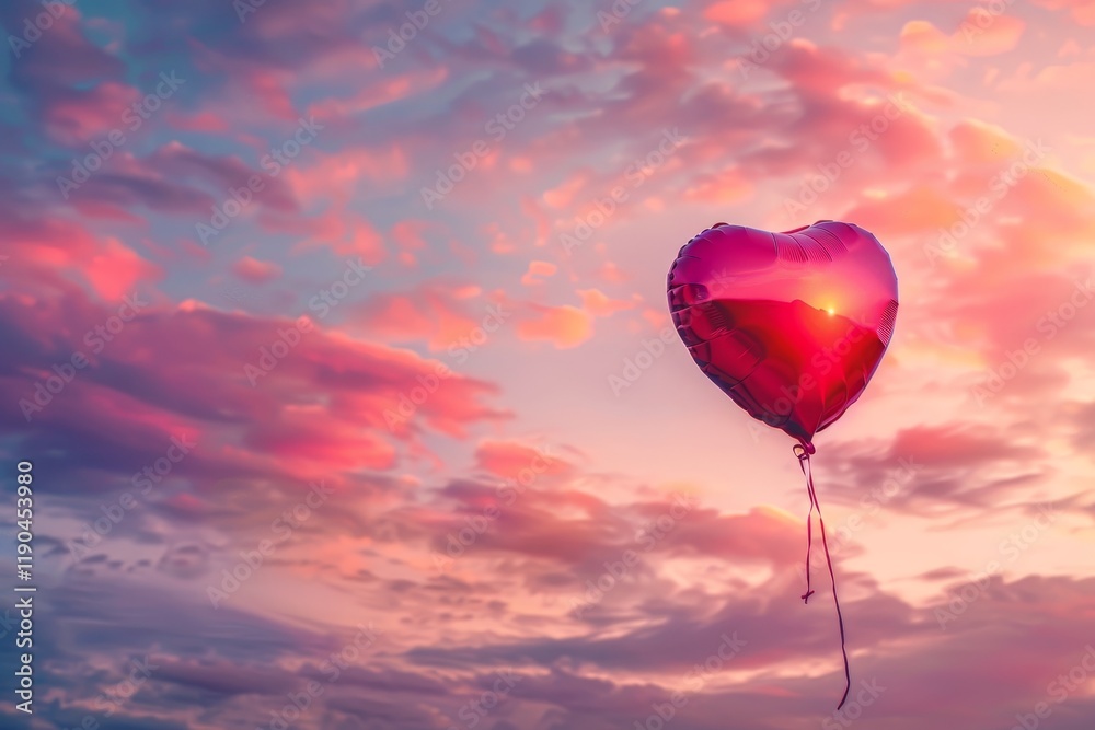 Fototapeta premium A single, red heart-shaped balloon floats gracefully against a vibrant pink sunset sky, A heart-shaped balloon floating in a dreamy pink and purple sky