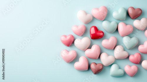 Colorful glossy candy hearts arranged on a pastel blue background, valentine's day theme, love, sweet and romantic concept.