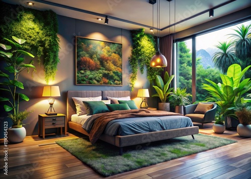 Embrace serenity: Modern bedroom design featuring an indoor garden, stylish and calming. photo