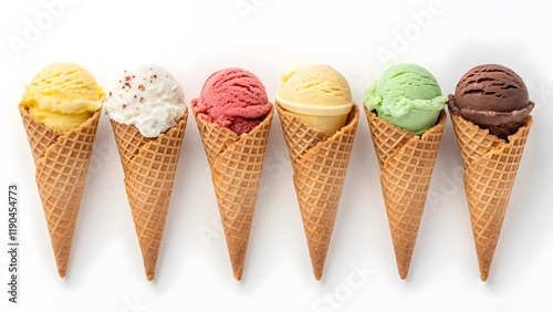 Various flavors of ice cream cones on a white background