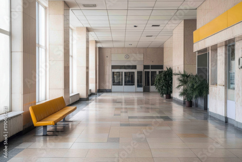 Desolate corridor in a closed shopping area with empty storefronts and a bright yellow bench photo