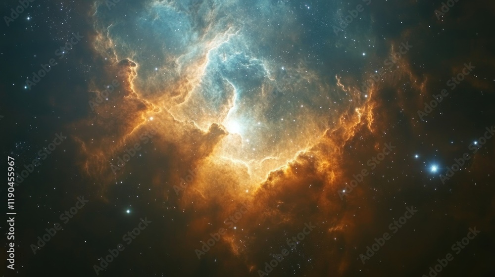 Fototapeta premium Cosmic nebula with vibrant orange and blue hues, stars, and gas clouds.
