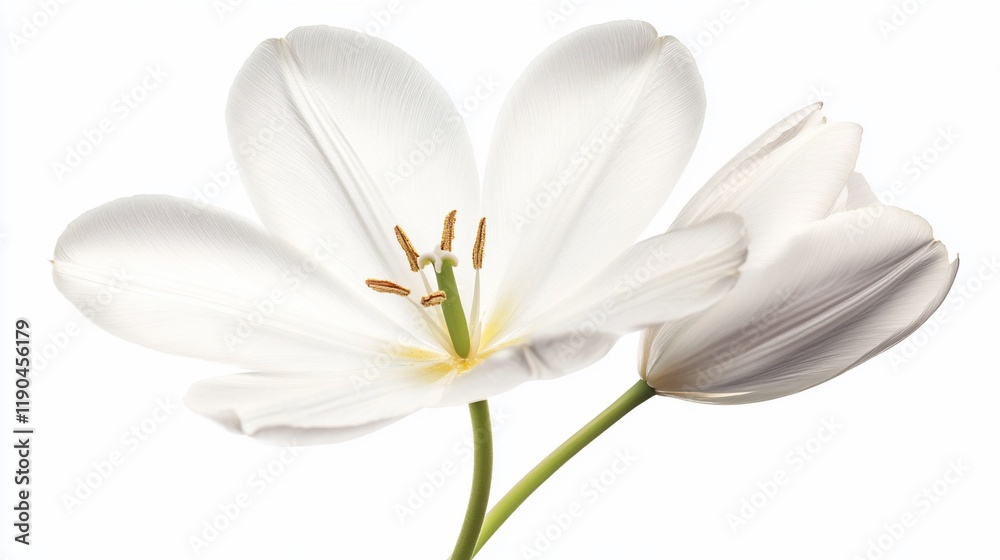 Two white tulips, one in bloom, one bud, isolated on white background. Two white tulips, one in bloom, one bud, isolated on white background.