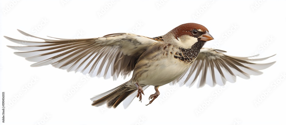 Obraz premium A Sparrow in flight with wings spread wide against a white background.