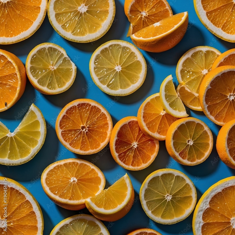 Obraz premium Vibrant Citrus Slices Pattern with Oranges and Lemons on Blue Background