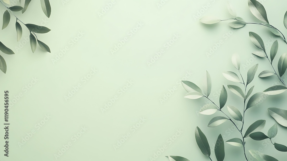 Green leaves arranged symmetrically on a pale green background Green leaves arranged symmetrically on a pale green background
