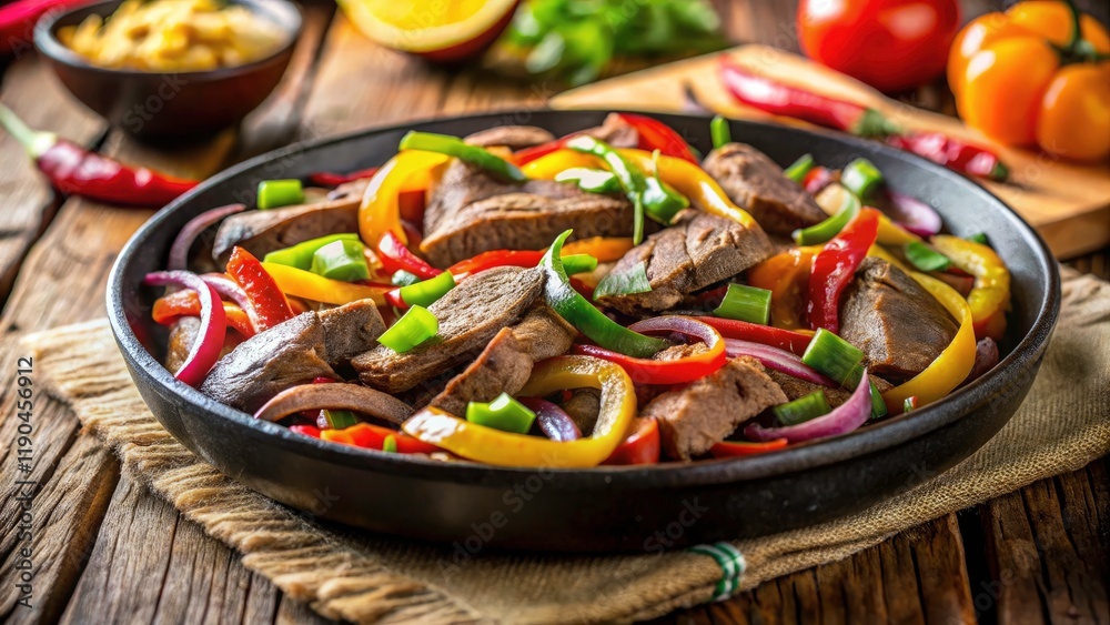 Juicy steak fajitas, sizzling perfection. A tilt-shift lens reveals culinary artistry. Juicy steak fajitas, sizzling perfection. A tilt-shift lens reveals culinary artistry.