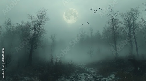 An eerie forest covered in fog, with dead trees and birds flying in the sky, illuminated by the moonlight