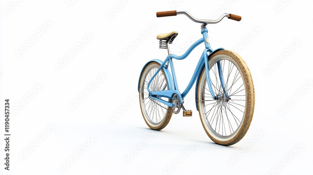 Obraz premium Light blue cruiser bicycle with cream-colored tires and saddle, isolated on white background.