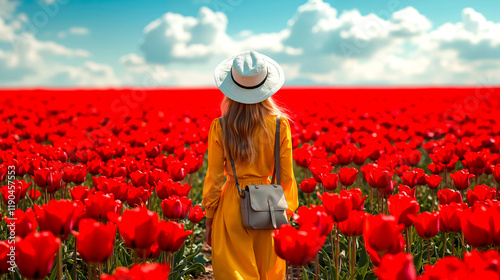 A woman in a yellow dress and hat standing in a field of red tulips photo