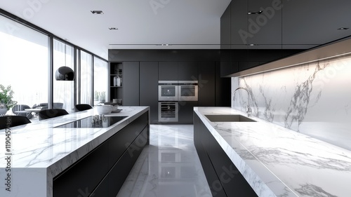 Wallpaper Mural Bright kitchen with white marble countertops, black cabinetry, and large windows for natural light Torontodigital.ca