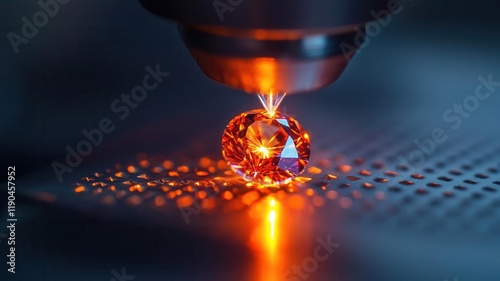 A gemstonelike crystal being cut with a highprecision laser, engineered crystals, precision craftsmanship photo