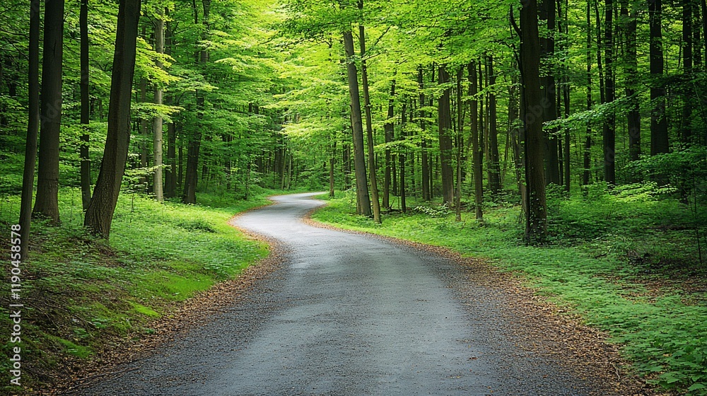 Fototapeta premium Winding road through lush green forest.