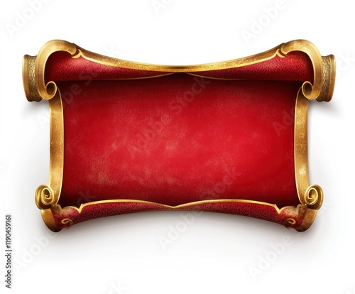 Red gold scroll banner design, isolated, white background, game UI