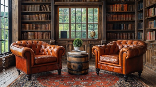 An elegant law office with vintage leather chairs, shelves of books, and warm lighting from lamps