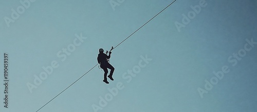 Silhouette of a person ziplining against a clear blue sky. photo