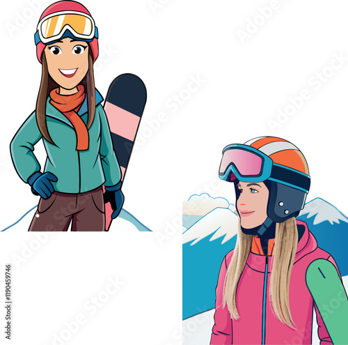 Snowboarders posing with snowboard on mountain background