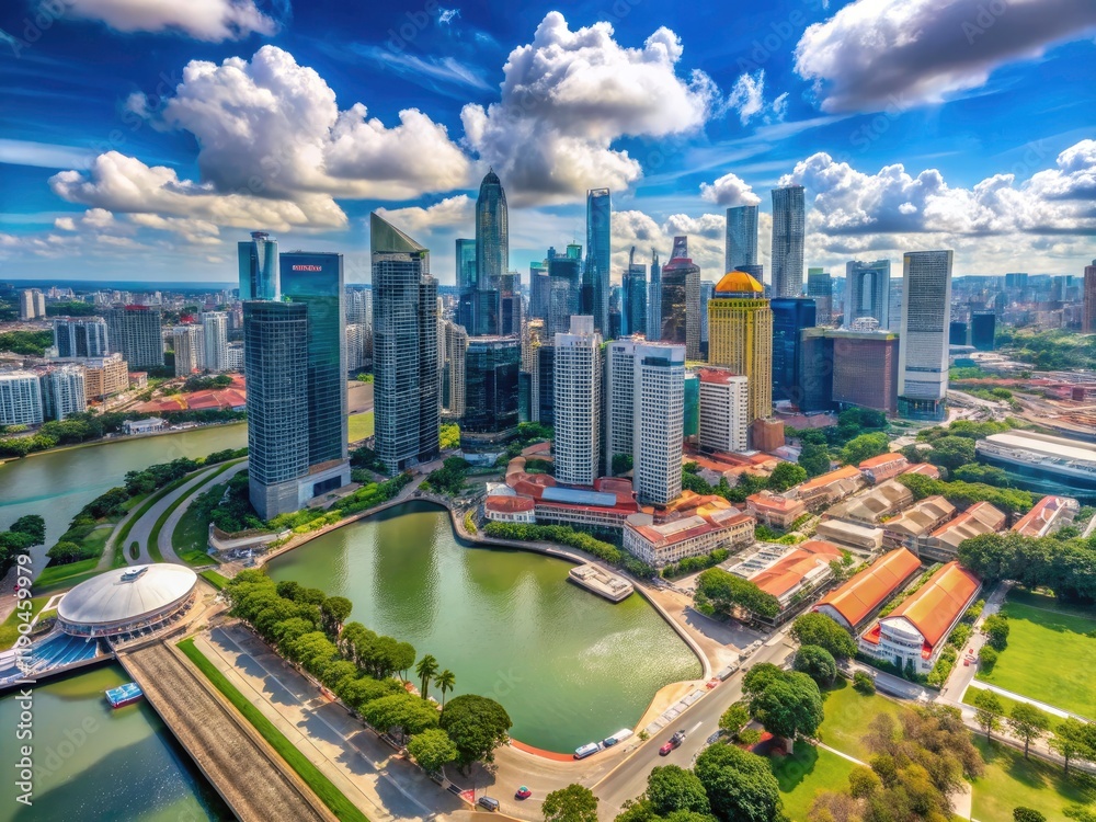 Naklejka premium Singapore's vibrant downtown: a breathtaking 4K daytime drone timelapse.