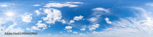 Panorama of beautiful blue sky with clouds. 360 seamless panoramic view.
