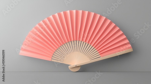Color hand fan isolated on gray background. Open folding fan for mock-up