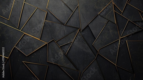 Fototapeta Naklejka Na Ścianę i Meble -  Black and gold geometric abstract background. Minimal dark gray and golden polygon pattern with geometric shapes, lines, stripes, triangles. Modern elegant luxury futuristic design
