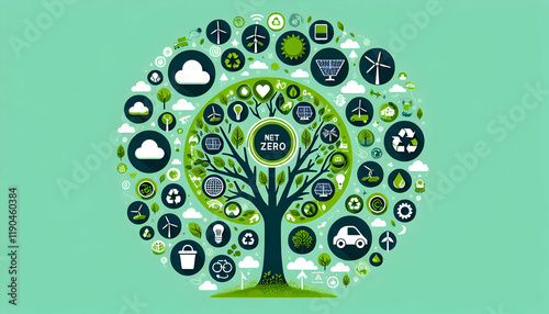 NetZero A green tree at the center with branches adorned with circular icons like wind turbines, electric ve4