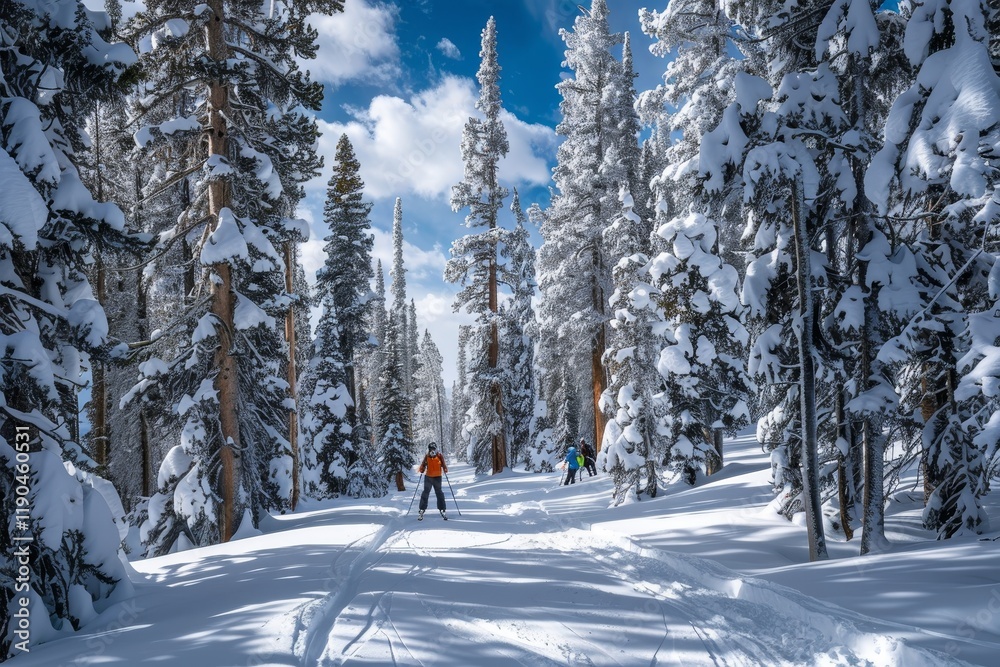 A snowy forest path with skiers enjoying a sunny winter day, A snow-capped pine forest with skiers weaving through the trees A snowy forest path with skiers enjoying a sunny winter day, A snow-capped pine forest with skiers weaving through the trees
