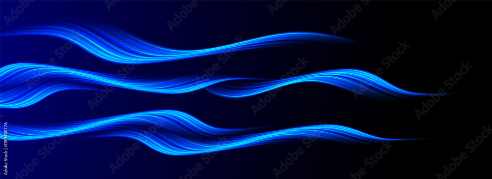 Obraz premium Blue light waves showing air flow. Dynamic motion curves on a dark background. Modern vector design.