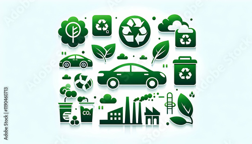 NetZero A group of green icons related to sustainability, such as CO2 emissions, recycling, a car with a lea2