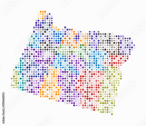Oregon, shape of the state built of colored cells. Digital style map of Oregon on white background. Small size circle blocks. Modern vector illustration.