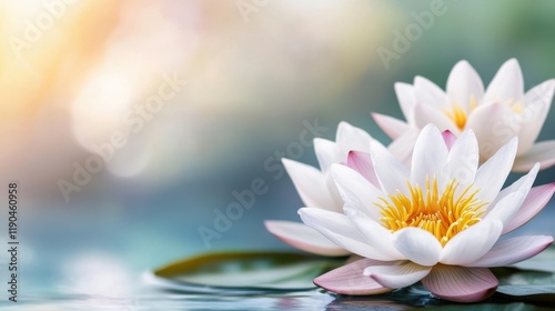 Two beautiful white water lilies bloom gracefully on a serene pond, surrounded by soft, blurred colors in the background.