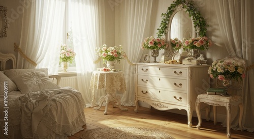 Luxurious vintage bedroom, soft morning light, ornate white furniture, floral arrangements, lace curtains, antique dresser, elegant bedding, pastel colors, romantic atmosphere, intricate details, shab photo