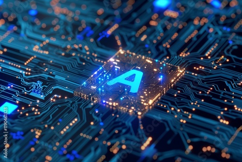 Close-up of a circuit board with illuminated letter A, showing the importance of algorithms in AI development, Expressing the role of algorithms in AI advancement photo