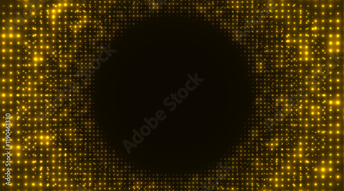 Gold glowing grid with a radiant effect, forming a dark circle in the center.