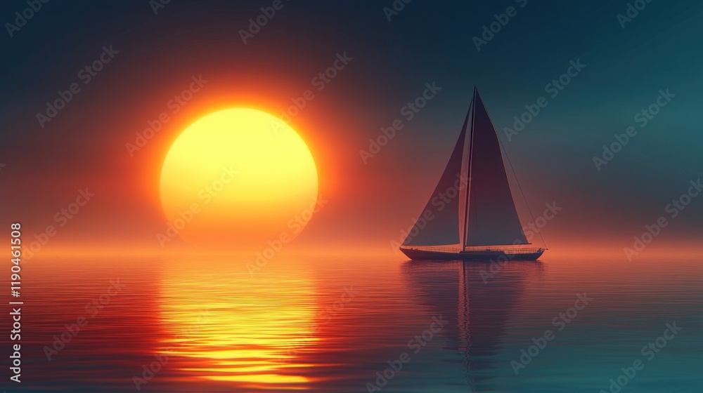 Fototapeta premium Sailboat at sunset on calm ocean.