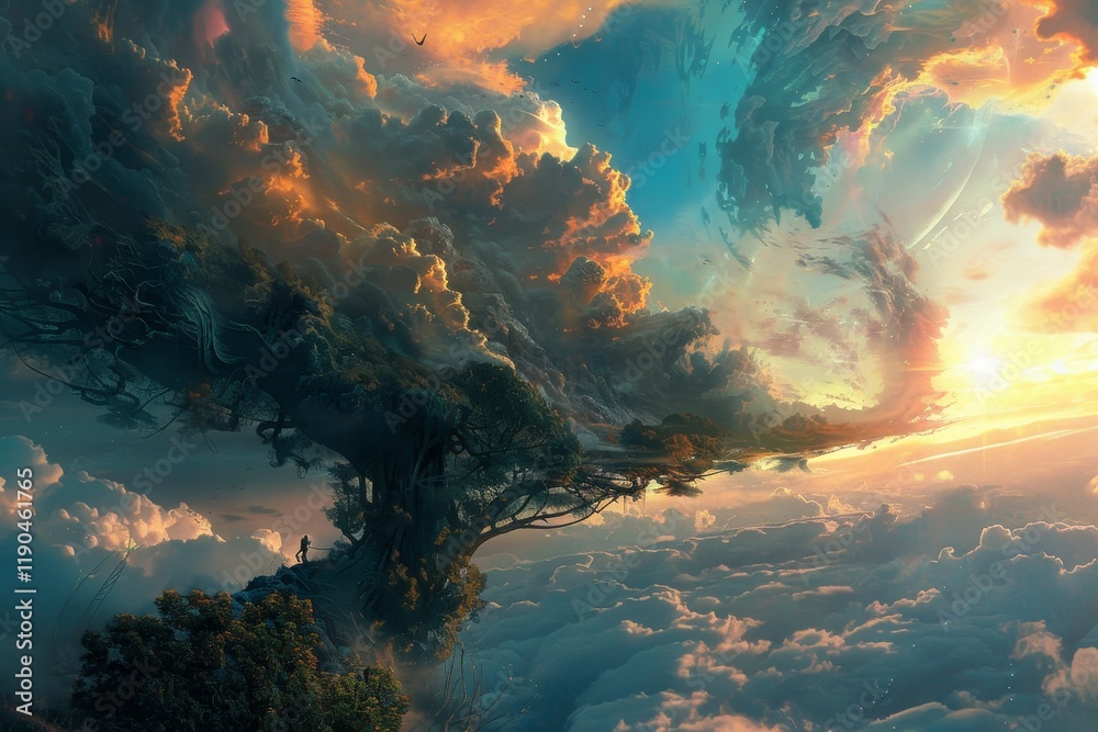 A single figure stands on a large tree that reaches high into the sky, with a sunset in the background, Inspiring wonder and awe A single figure stands on a large tree that reaches high into the sky, with a sunset in the background, Inspiring wonder and awe
