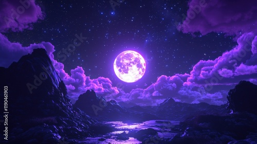 Vibrant purple moon illuminates a serene landscape at night surrounded by majestic mountains and a shimmering waterway