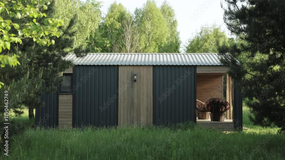A Modern Rustic Cabin Positioned Beautifully Amidst Serene and Lush Greenery in Nature A Modern Rustic Cabin Positioned Beautifully Amidst Serene and Lush Greenery in Nature
